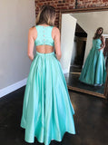 A Line Sleeveless Mint Green Satin Prom Dress With Pockets