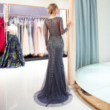 Mermaid V-Neck Long Sleeves Sequins Beading Sweep Train Prom Dress Party Dress WH90692