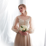 Fashion A Line Long Sleeves Appliques Floor Length Tulle Prom Dresses Wedding Dresses WH22658