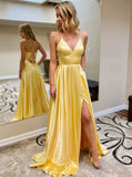 Vintage A Line V-Neck Slit Satin Prom Dress Evening Gowns With Lace-up