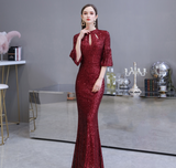 Mermaid High Neck Half Sleeve Sequins Floor Length Prom Dress WH24453