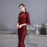 Mermaid High Neck Half Sleeve Sequins Floor Length Prom Dress WH24453