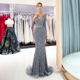 Fashion Mermaid V-Neck Long Sleeves Sequins Sweep Train Prom Dress Party Dress WH91693