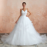 Ball Gown Spaghetti Straps Sleeveless Appliques Organza Cathedral Train Wedding Dress WH34369