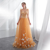 Gorgeous A Line Sleeveless Appliques Lace Sweep Train Prom Dress With Butterflies WH22659