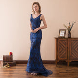 Unique Mermaid V-Neck Beading Navy Blue Organza Prom Dress With Sequins WH28615