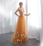 Gorgeous A Line Sleeveless Appliques Lace Sweep Train Prom Dress With Butterflies WH22659