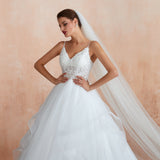 Ball Gown Spaghetti Straps Sleeveless Appliques Organza Cathedral Train Wedding Dress WH34369