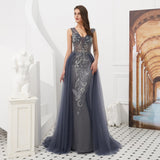 Shiny V-Neck Sleeveless Beading Tulle Sweep Train Prom Dress WH46321