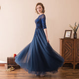 A Line Half Sleeve Beading Navy Blue Tulle Prom Dress Sequins Party Dress WH26617