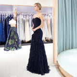 Sheath Strapless Navy Blue Tulle Floor Length Prom Dress WH42694