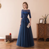 A Line Half Sleeve Beading Navy Blue Tulle Prom Dress Sequins Party Dress WH26617