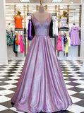 A Line V Neck Lilac Glitter Evening Gown With Pockets PD1113