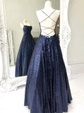 Elegant A Line Navy Blue Long Prom Dresses With Sequins Evening Dresses PD1102