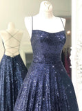 Elegant A Line Navy Blue Long Prom Dresses With Sequins Evening Dresses PD1102