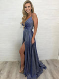 A Line Halter V Neck Sparkly Long Prom Dresses With Sweep Train PD1116