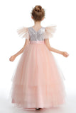 Ruffles Silver Sequins Pink Tulle Flower Girl Dresses With Beading