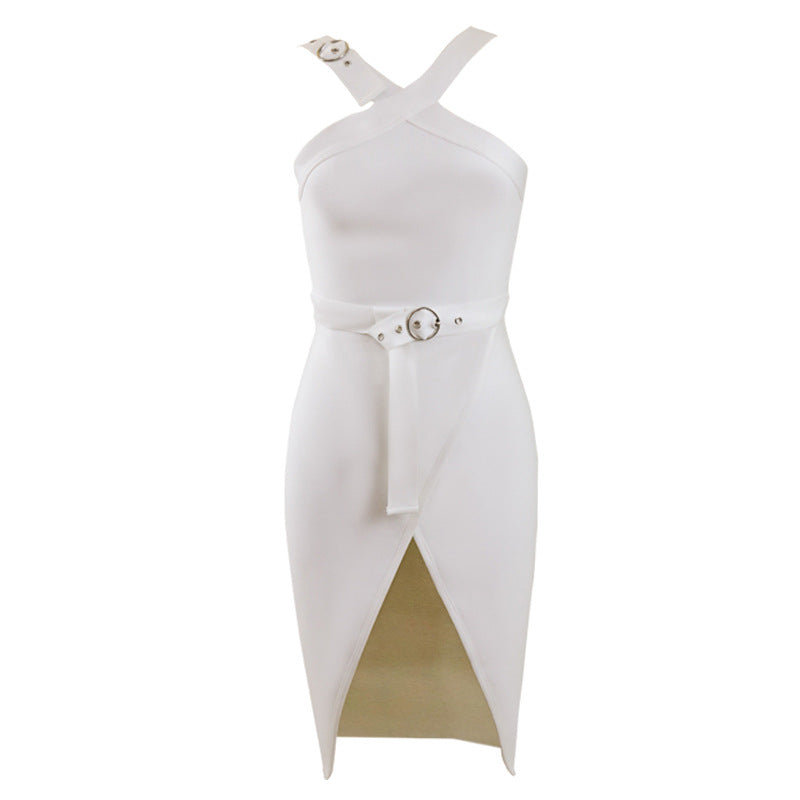 White Halter Sleeveless Front Slit Bandage Homecoming Dresses With Belt