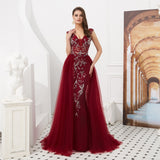 Shiny V-Neck Sleeveless Beading Tulle Sweep Train Prom Dress WH46321