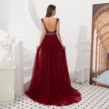 Shiny V-Neck Sleeveless Beading Tulle Sweep Train Prom Dress WH46321