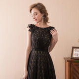 A Line Sleeveless Black Lace Sweep Train Prom Dress WH26616