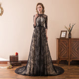 Vintage A Line High Neck 3/4 sleeves Black Lace Court Train Prom Dress Party Dress WH28605