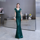 Mermaid V-Neck Cap Sleeves Sequins Floor Length Prom Dress WH24451