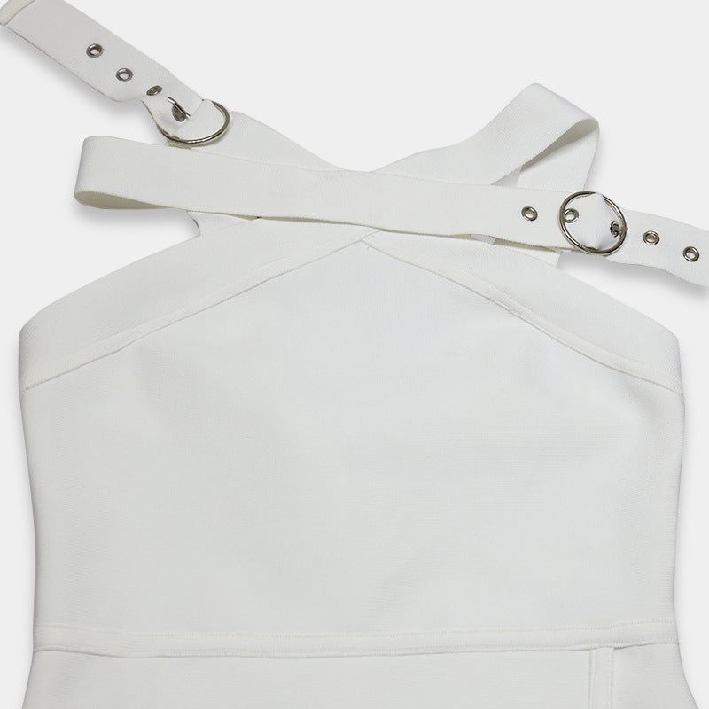 White Halter Sleeveless Front Slit Bandage Homecoming Dresses With Belt
