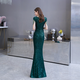 Mermaid V-Neck Cap Sleeves Sequins Floor Length Prom Dress WH24451