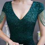 Mermaid V-Neck Cap Sleeves Sequins Floor Length Prom Dress WH24451