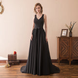 Elegant A Line V-Neck Black Satin Sleeveless Court Train Prom Dress WH22613