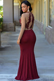 Wine Chiffon Mesh Long Sleeves Lace Applique Slim Long Prom Dress