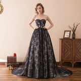 Unique A Line Strapless Black Lace Court Train Prom Dress WH32618