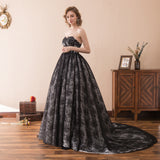 Unique A Line Strapless Black Lace Court Train Prom Dress WH32618