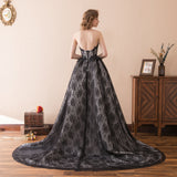 Unique A Line Strapless Black Lace Court Train Prom Dress WH32618