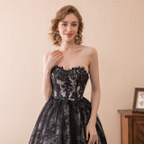 Unique A Line Strapless Black Lace Court Train Prom Dress WH32618