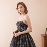 Unique A Line Strapless Black Lace Court Train Prom Dress WH32618