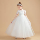 Short Sleeves Ivory Tulle Flower Girl Dresses With Lace Appliques FL0001