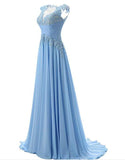 A Line Scoop Sweep Train Appliques Chiffon Prom Dress