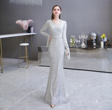 Mermaid V-Neck Long Sleeves Tassels Sequins Floor Length Prom Dress WH24441