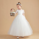 Short Sleeves Ivory Tulle Flower Girl Dresses With Lace Appliques FL0001