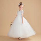 Short Sleeves Ivory Tulle Flower Girl Dresses With Lace Appliques FL0001