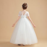 Short Sleeves Ivory Tulle Flower Girl Dresses With Lace Appliques FL0001