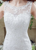 Gorgeous Mermaid Sleeveless Appliques Sequins Tulle Court Train Wedding Dress WH32264