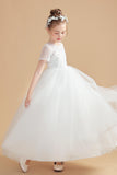 Short Sleeves Ivory Tulle Flower Girl Dresses With Lace Appliques FL0001