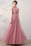 Chic A-Line Off-the-Shoulder Pink Appliques Lace-up Tulle Modest Long Prom Dresses uk PM410