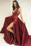 Simple A-Line Deep V-Neck Sweep Train Split Burgundy Satin Lace Prom Dresses UK PH329