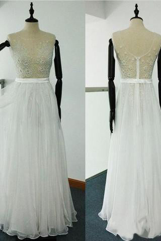 Sheer Beach Ivory Scoop A Line Beaded Embroidery Tulle Chiffon Wedding Dresses