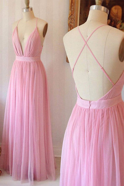 A Line Pink Spaghetti Straps V-Neck Long Prom Dresses