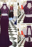 Beading Appliques Halter Stretch Satin Two Pieces Prom Dresses PM667